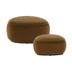 two brown ottomans sitting next to each other