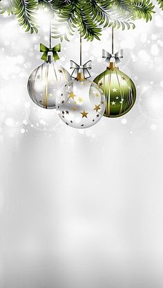 three christmas ornaments hanging from a tree branch with snow and stars in the sky behind them