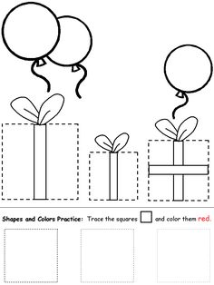 a worksheet with balloons and gift boxes for children to learn how to draw