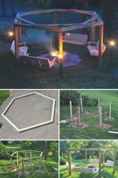 several pictures of different types of outdoor furniture in the grass and on the ground, including a fire pit