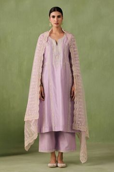 Lilac paneled kurta with dori and aari work embroidery, pearls, sequins, and bead embellishments. Comes with a intricately embroidered organza dupatta and an embroidered hem palazzo. - Aza Fashions Designer Tussar Silk Palazzo Set With Resham Embroidery, Festive Tussar Silk Palazzo Set With Resham Embroidery, Festive Resham Embroidered Tussar Silk Palazzo Set, Tussar Silk Palazzo Set With Resham Embroidery For Eid, Anarkali Tussar Silk Kurta With Gota Work, Embroidered Tussar Silk Palazzo Set For Eid, Festive Tussar Silk Sharara With Gota Work, Eid Tussar Silk Palazzo Set With Resham Embroidery, Wedding Tussar Silk Palazzo Set With Resham Embroidery