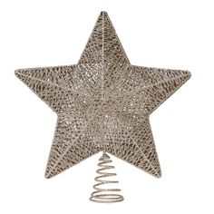 a silver christmas tree topper with a spiral design on the bottom and a large star hanging from it's side