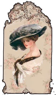 an image of a woman wearing a hat with feathers on it's brim