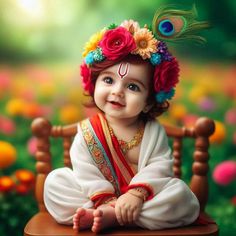 a baby sitting on top of a wooden chair with flowers in her hair and wearing a headdress