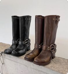 Knee-high Riveted Winter Boots, Punk Style Brown Boots For Fall, Punk Brown Boots For Fall, Brown Punk Boots For Fall, Brown Steel Toe Moto Boots For Fall, Fall Brown Steel Toe Moto Boots, Winter Boots With Rivets And Round Toe, Fall Martin Boots With Steel Toe, Fall Rivets Closed Toe Boots