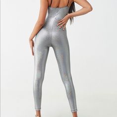 Forever 21 Iridescent Metallic Pin Dot Jumpsuit / Silver / Size Small Metallic Fitted Jumpsuits And Rompers For Party Season, Fitted Shimmer Jumpsuits And Rompers For Night Out, Fitted Shimmer Jumpsuits For Night Out, Metallic Shimmer Fitted Bodysuit, Glamorous Metallic Shimmer Jumpsuits And Rompers, Glamorous Metallic Shimmer Jumpsuit, Glamorous Shimmer Metallic Jumpsuit, Silver Fitted Jumpsuit For Party Season, Glitter Bodysuit