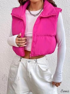 Eromis - Sleeveless Stand Collar Vest Coat: Fashionable Cropped Outerwear for Women Pink Vest Outfit, Stand Collar Vest, Puffer Vest Outfit, Vest Puffer, Outerwear Women Winter, Pink Vest, Cropped Vest, Vest Coat, Vest Outfits