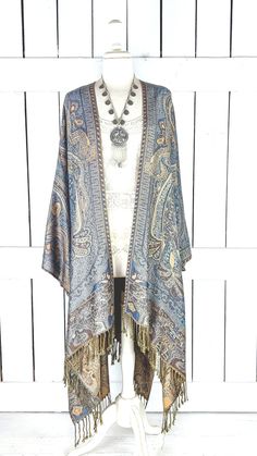 "Handmade blue and tan tribal paisley pashmina kimono cover up jacket with custom regular and maxi lengths and optional fringe detail Measurements...taken flat - width across seam to seam: 46\" - regular length with fringe: 38\" - regular length without fringe: 34\" - Maxi length is as selected with or without fringe Features... - lovely soft woven medium weigh pashmina fabric - bohemian oversized flowing design - cardigan style with an open front and generous arm holes - universal design allows Cover Up Jacket, Sequin Kimono, Maxi Kimono, Fringe Kimono, Fringe Cardigan, Flow Design, Cardigan Style, Festival Tops, Women's Cover Up