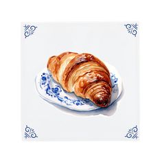 a painting of a croissant on a blue and white plate