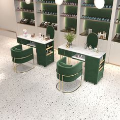 two green chairs sitting next to each other on top of a white counter in a store