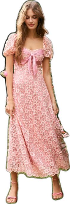 Fitted Dress With Pink Bow For Spring, Feminine Spring Lace Dress, Feminine Lace Dress For Spring, Pink Lace Maxi Dress For Summer, Feminine Lace Maxi Dress For Garden Party, Pink Midi Lace Dress With Lace Trim, Spring Garden Party Lace Maxi Dress, Pink Lace Maxi Dress For Spring, Pink Party Dress With Lace Collar