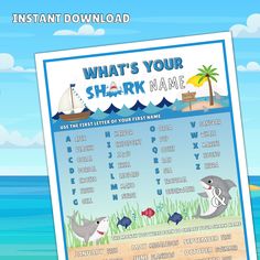 the shark name game is shown in front of an ocean scene with boats and palm trees