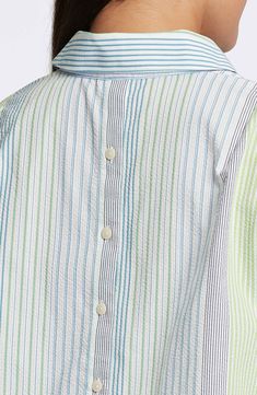 Variegated stripes give you a crisp, polished look in this cotton-seersucker popover shirt featuring a split back and cuffs. 29" length Button half placket Spread collar Three-quarter sleeves with French cuffs 100% cotton Machine wash, line dry Imported Spring Striped Seersucker Tops, Striped Seersucker Tops For Spring, Women Striped Shirt, Denim Sandals, Striped Shirt Women, Popover Shirt, Shirt Detail, Tunic Sweater, Shirt Pattern