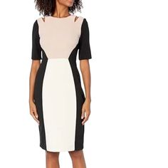 Gabby Skye Colorblock Sheath Dress Women 16 Elbow Sleeve Cold Shoulder New Features: - Color: Black, Cream, Pink - Cutout Shoulder - Knee Length - Elbow Length Sleeve - Zipper Closure - Round Neckline - 95% Polyester 5% Spandex Measurement: Pit To Pit: 18'' Length: 43" Elegant Color Block Evening Dress, Elegant Evening Color Block Dress, Fitted Color Block Evening Dress, Fitted Color Block Dress For Evening, Fitted Color Block Dress For Work, Fitted Color Block Work Dresses, Color Block Fitted Dress For Work, Black Color Block Dresses For Work, Chic Color Block Dress For Work