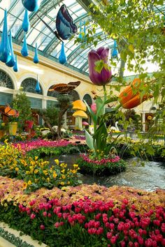 the inside of a flower shop filled with lots of colorful flowers and umbrellas hanging from the ceiling