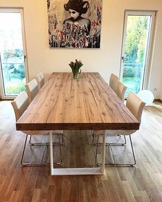 Esstische aus Eichenholz-Altholz gefertigt im Wunschmavon Holzwerk-HamburgWählen Sie Ihre Größe und Tischgestell und gestalten Sie Ihren Traumtisch. Dinner Table Diy, Dinner Tables Furniture, Wood Dinner Table, Dining Table Solid Wood, Modern Farmhouse Furniture, Rustic Farmhouse Furniture, Farmhouse Chairs