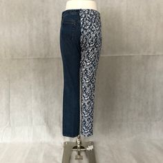 "Deconstructed Hybrid \"Parti Colored\" Jeans - Half Denim Leopard Print & Half Denim Blue Half and Half Mashup \"Chicos\" Brand - Women's Size 1 Leopard Print Denim \"Lands End\" Brand - Women's Size 12 Blue Denim 98% Cotton, 2% Spandex Unisex 32\" Waist, 31\" Inseam Medieval Style Parti Colored Pants Amazing Leopard Print Denim Quality Brands Comfortable & Flattering" Fitted Blue Cropped Jeans With Five Pockets, Blue Stretch Patchwork Jeans, Blue Stretch Jeans With Patchwork, Spring Stretch Jeans With Patchwork, Fitted Dark Wash Cropped Cotton Jeans, Spring Stretch Patchwork Jeans, Spring Indigo Denim Jeans, Stretch Cotton Jeans With Patchwork, Fitted Cropped Denim Jeans In Denim Blue