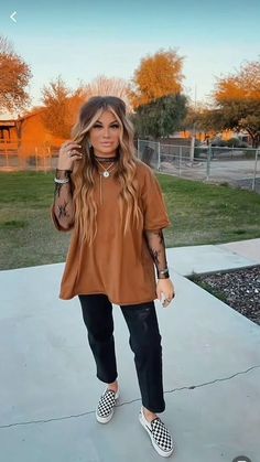 Female Style Outfits Casual, Plus Size Cool Mom Outfits, Fall Outfits With Shoes, Oversized Shirt Fall Outfit, Oregon Clothing Style Outfit, Fall Bar Hopping Outfit, Checkered Vans Outfit Plus Size, Cute Outfits For September, Comfy Mom Jeans Outfit