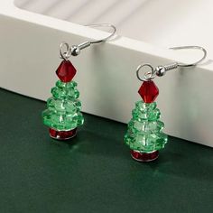 green and red glass christmas tree earrings