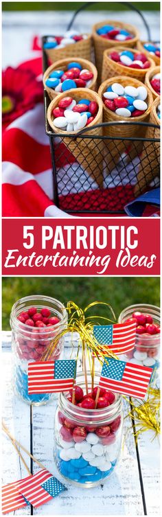 patriotic desserts in mason jars with red, white and blue decorations on them for the fourth of july