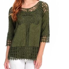 All Orders Ship Out 1-2 Business Days! Never Worn/Perfect Condition! The Color Is Olive Green Women’s Size Xl Stunning Crochet Lace Top With Tank Insert Carefree Fashion, Crochet Lace Blouse, Crochet Boho Top, Pink Long Sleeve Blouse, Crochet Lace Top, Free Spirit Style, Knit Tank Top, Black And White Blouse, Unique Boutique