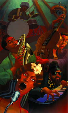 a painting of people singing and playing musical instruments