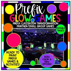 an advertisement for glow games with colorful circles and dots on the front, along with information about them