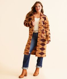 Hooey Aztec Duster Cardigan - Orange Large, Women's Maroonbrown Printed rib knit flyaway cardigan Body length 40 on size small. Layering piece(s) and/or accessories sold separately.. 100% Polyester. Machine wash cold with like colors. Do not bleach. Tumble dry low. Cool iron as needed. Do not iron print and accessories. Do not dry clean. Apparel & Accessories > Clothing > Shirts & Tops Brown Open Front Sweater Coat For Layering, Brown Cardigan For Cold Weather In Fall, Brown Cardigan For Fall And Cold Weather, Brown Long Sleeve Cardigan For Cold Weather, Cozy Brown Sweater Coat For Fall, Brown Knit Outerwear For Fall, Fitted Brown Cardigan For Cold Weather, Winter Brown Open Front Outerwear, Fitted Brown Knit Outerwear