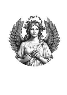 an angel with wings and wreath on it's head is shown in black and white