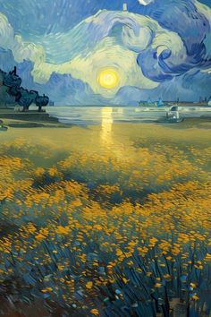 an oil painting of a field with yellow flowers and the sun in the sky above it