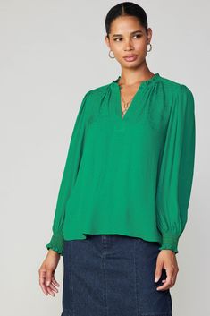 This airy blouse is bound to become a top choice for your workdays and evening outings alike. Done in subtly patterned jacquard, it's detailed with billowy long sleeves, smocked cuffs, and a ruffle-trimmed split neckline fastened by a covered button. •Split neckline with covered button •Ruffle trim •Long sleeves •Smocked cuffs •Relaxed fit Item number 2330287 100% Polyester Ruffle Neck Blouse, Cuff Detail, Woven Top, Green Blouse, Covered Buttons, Ruffle Trim, Item Number, Smocking, Split