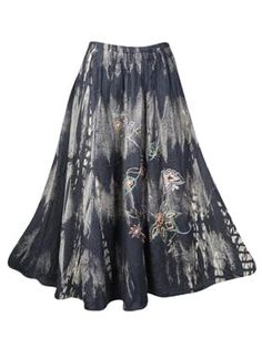 Tropical Waves Tie Dyed Long Skirt, Black Brown Embroidered Maxi Skirts One Size Tie Dye Long Skirt, Tie Dyed, Skirt Black, Midi Length