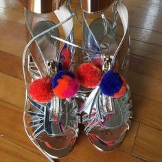 Pompom Heels. Metallic Colors, Strappy, Round Toe Gladiator Woman, High Heel Gladiator Sandals, Sophia Webster Shoes, Pom Pom Sandals, Woman Sandals, Tie Sandals, Silver Sandals, Womens Summer Shoes, Embellished Sandals