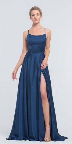 Navy Backless Prom Dress with Slit Blue Night Dress Long, Dark Blue Simple Prom Dress, Prom Dresses Square Neckline, Prom Dresses Thick Straps, Navy Dresses Formal, Navy Ball Dress, Simple Blue Prom Dress, Formal Dresses Dark Blue, Royal Blue Gowns Elegant