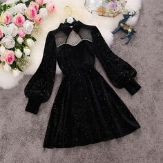 Starry Night Navy Blue Long Sleeve Princess Party Dress MK16338 - mkkawaiishop Elegant Dresses Short, Sparkle Mini Dress, Elegant Party Dresses, Party Dress Long Sleeve, Black Velvet Dress, 여자 패션, Fesyen Wanita, Kawaii Fashion, Mode Outfits