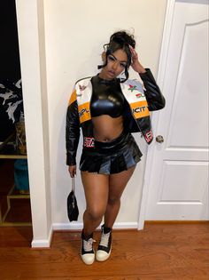 Motorsport Outfit Black Women, Rick Owned Outfit Girl Black, Red Rick Owens Outfit Black Women, Rick Owned Outfit Girl, Christianzerote Outfits, Skirt Shein Outfits, Shein Rick Owens Outfit, Baddie Concert Outfits Winter, Leather Skirt And Jacket Outfit