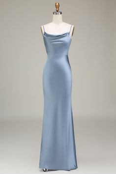 Blue Evening Dress With Spaghetti Straps For Banquet, Sweetheart Neckline Bridesmaid Dress With Fitted Bodice For Banquet, Fitted Bridesmaid Evening Dress With Sweep Train, Fitted Evening Dress With Sweep Train For Bridesmaids, Elegant Blue Gown With Spaghetti Straps, Satin Dress With Sweep Train For Prom Season, Satin Dress With Sweep Train For Prom, Solid Evening Dress With Sweep Train, Solid Color Evening Dress With Sweep Train