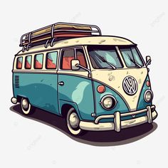 an old vw bus with surfboards on the roof, blue and white van, cartoon