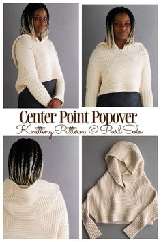 four different views of a woman's sweater with the words center point power written below