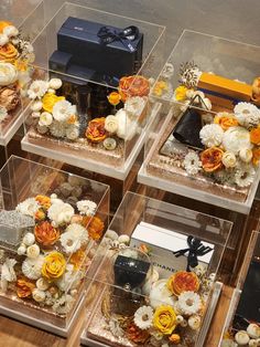 four clear boxes filled with different types of flowers