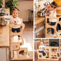 a baby sitting in a high chair that is made out of plywood and wood