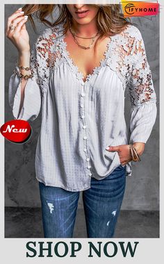 Gray Crochet Lace Button Top Crochet Floral Top, White Shirt Blouse, White Shirts Women, Flare Long Sleeve, Floral Lace Tops, Bodycon Floral Dress, Lace Button, Shirt Blouses Tops, Womens Tops Summer