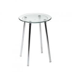 a glass table with metal legs and a round top on an isolated white background for use as a side table