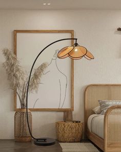 a lamp that is on top of a table next to a bed and potted plant