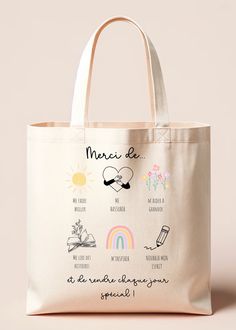 a tote bag with different types of things on it and the words mera le