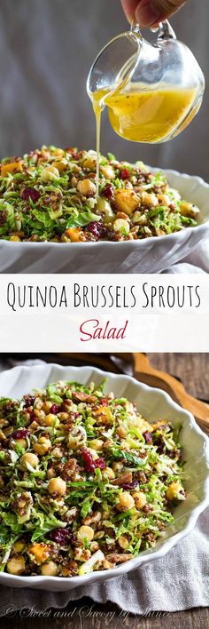 the process of making quinoa brussel sprouts salad is shown