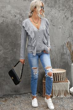 Gray Ruffled Buttoned Open Front Knitted Sweater Front Sweater, Open Front Sweater, Sweaters Online, Sweater Material, Collar Designs, Winter Sweaters, Knitted Sweater, Cotton Sweater, Affordable Fashion