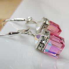 Pink Crystal Earrings, Swarovski Cube, Sterling Silver, Bridesmaid, Wedding, Handmade Jewelry, Spring Fashion, Valentine. $28.00, via Etsy. Pink Topaz Jewelry, Modern Wedding Jewelry, Pink Drop Earrings, Cube Earrings, Pink Crystal Earrings, Diy Collier, Bracelet Set Silver, October Birthday, Pink Swarovski