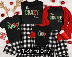 SHIRTS ONLY - NO BOTTOMS WITH THIS ORDER. Get your family in the Christmas spirit with this matching Holiday shirt set! Perfect for Festive Parties, xmas morning, or just some jolly fun. Each shirt features a unique phrase for every family member. Customizable for your family! LISTING IS FOR SHIRTS ONLY All items are made to order. They will ship within one week from one of our printing partners. Please allow sufficient time for production and shipping. If you have any issues or concerns, please Black Long Sleeve Christmas T-shirt, Family Matching Holiday T-shirt With Letter Print, Black Long Sleeve Holiday Shirt, Family Matching Holiday Tops With Letter Print, Family Matching Letter Print Holiday Tops, Funny Winter Tops In Black, Black Christmas Tops With Letter Print, Funny Black Winter Tops, Family Matching Graphic Print Tops For Winter