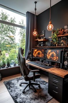 a home office with black walls and lots of lights on the desk, along with a large window